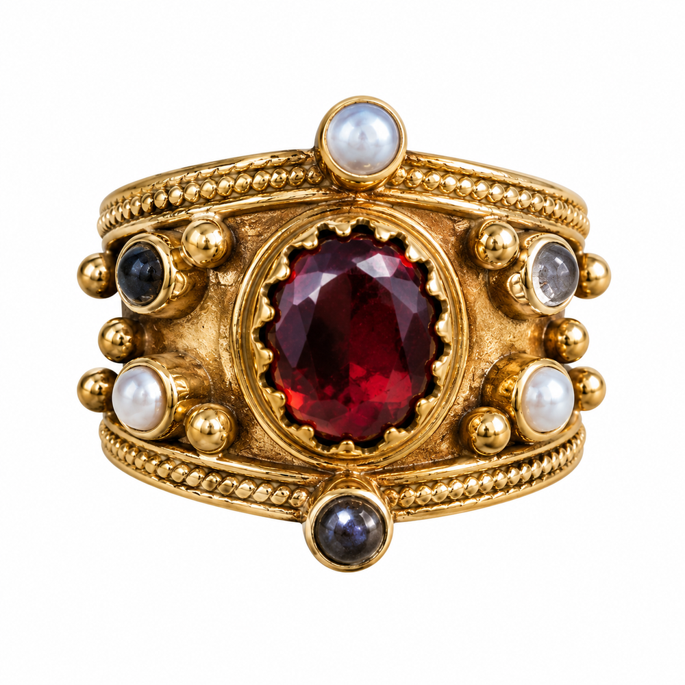 Anello Alhambra effetto Oro con Granato e perle di fiume