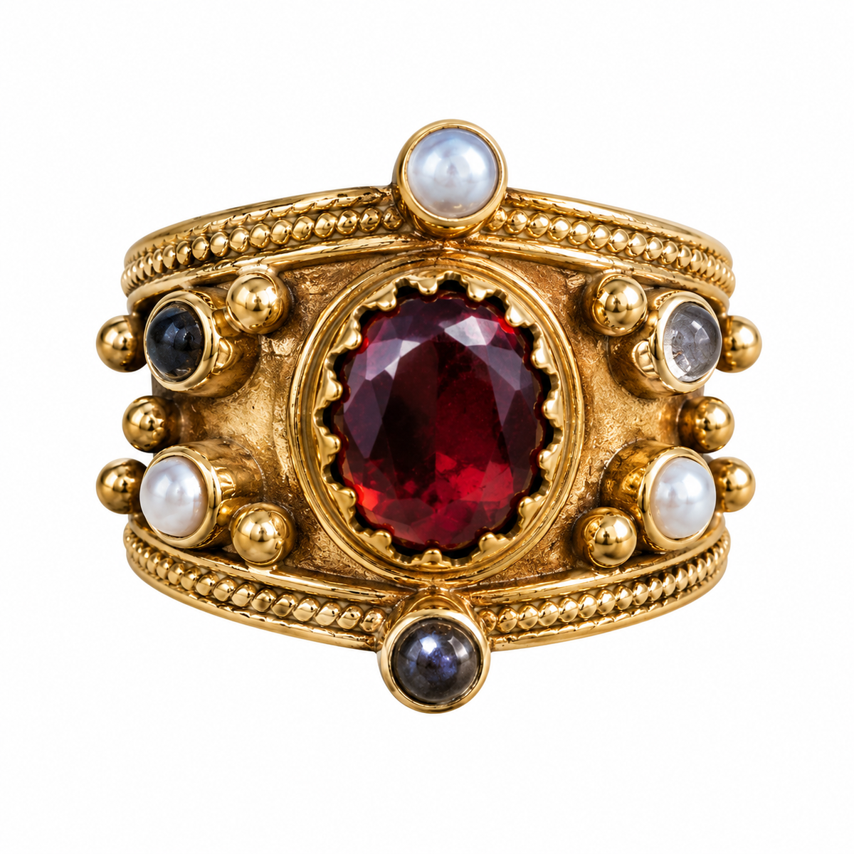 Anello Alhambra effetto Oro con Granato e perle di fiume