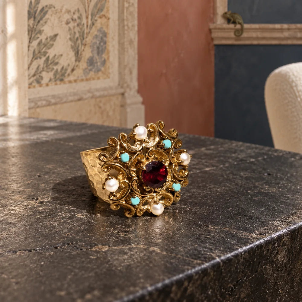 D’Este — anello regolabile con pietre e perle di fiume
