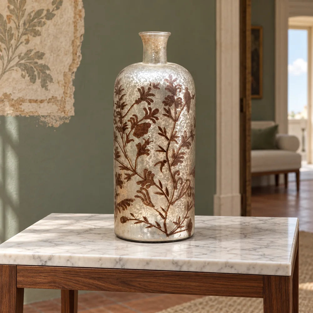 Bottiglia vaso in vetro con decoro floreale a mano