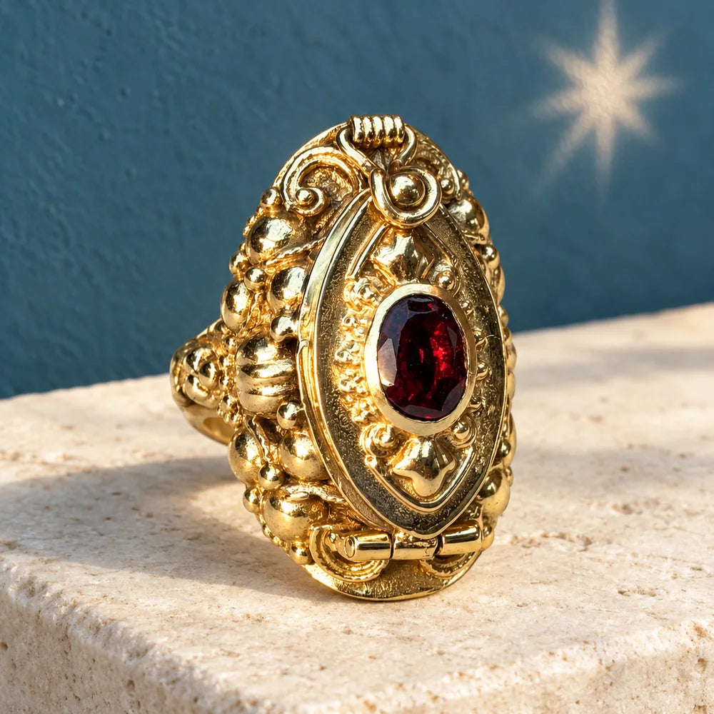 Anello Marquise Rosso chiuso su pietra chiara, con cristallo ovale e montatura bicolore.