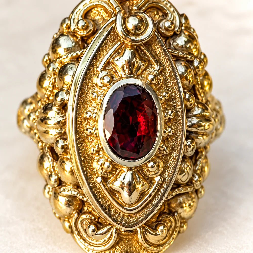 Dettaglio del cristallo rosso ovale e delle volute in metallo bicolore di Marquise.