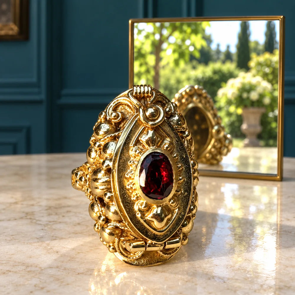 Anello Marquise Rosso davanti a uno specchio che riflette un giardino, nella scena editoriale Doriante.