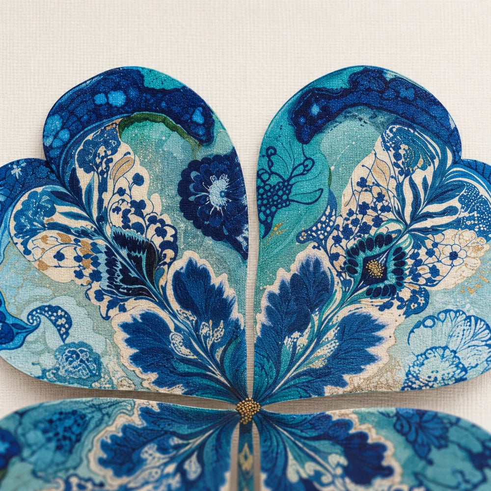 Dettaglio dei motivi floreali blu, turchesi e crema sulle foglie superiori del Quadrifoglio blu.