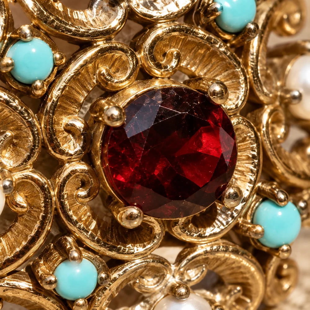 Dettaglio della pietra rossa centrale e delle volute dorate dell’anello d’Este.