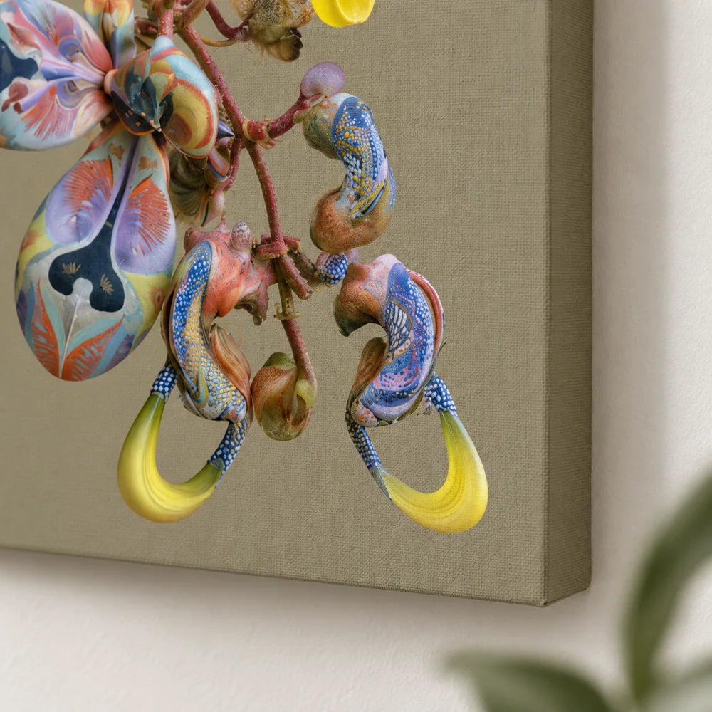 Dettaglio del bordo inferiore senza cornice, della tela opaca e dei terminali gialli dell’Orchidea.