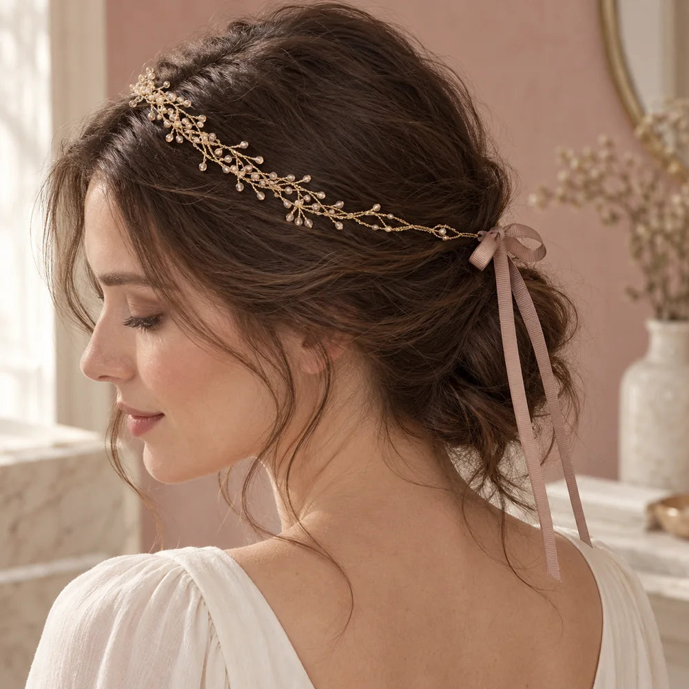 Coroncina arancio indossata sui capelli, con le piccole perline di vetro e il nastro regolabile.