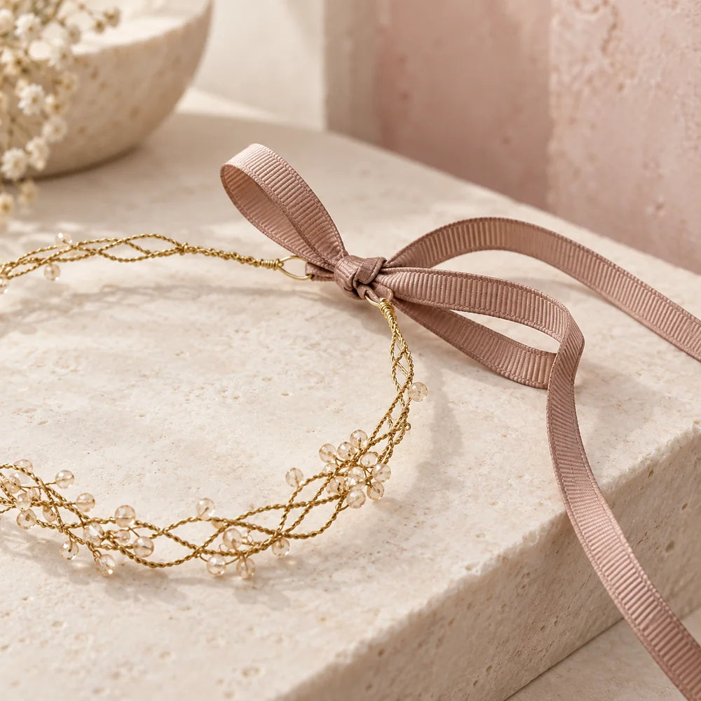 Dettaglio del fiocco in grosgrain tortora e della chiusura regolabile della coroncina arancio.