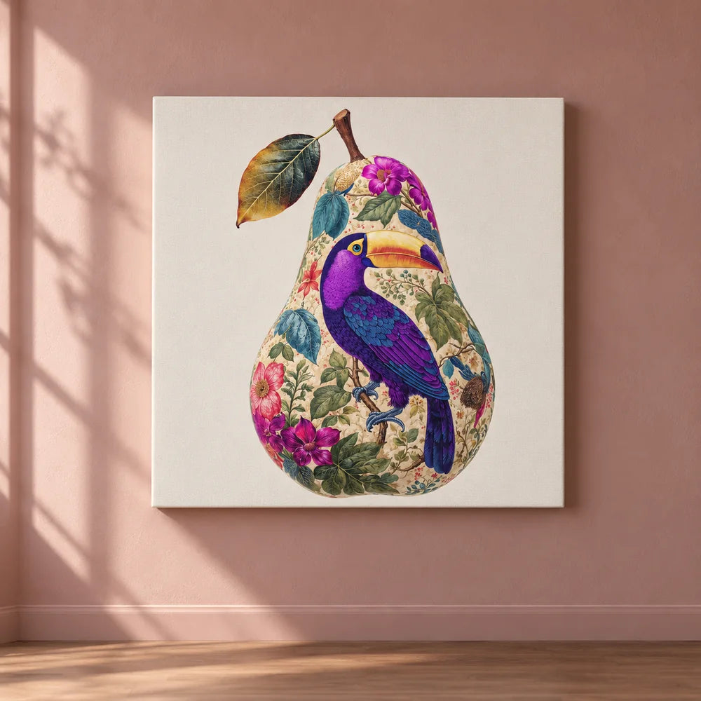 Pera con tucano su tela quadrata su parete rosa cipria, accanto a una sottile ombra botanica.