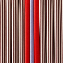 Dettaglio delle righe marrone e crema, della striscia rossa e del plissé della tote.
