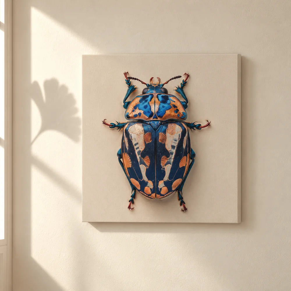 Scarabeo su tela quadrata su parete avorio, accanto a un’ombra inattesa di foglia di ginkgo.