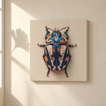 Scarabeo su tela quadrata su parete avorio, accanto a un’ombra inattesa di foglia di ginkgo.