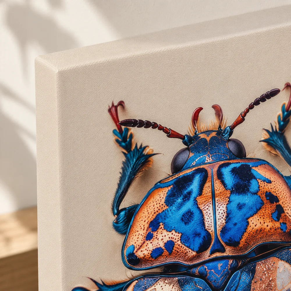 Dettaglio del bordo superiore senza cornice e della testa dello Scarabeo stampata sulla tela.