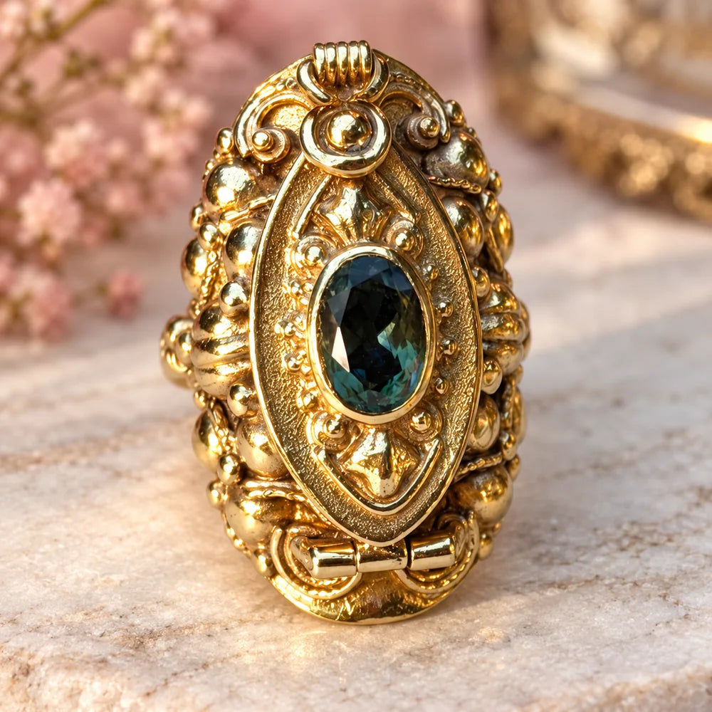 Dettaglio del cristallo ovale blu verde e della cornice marquise incisa dell’anello.