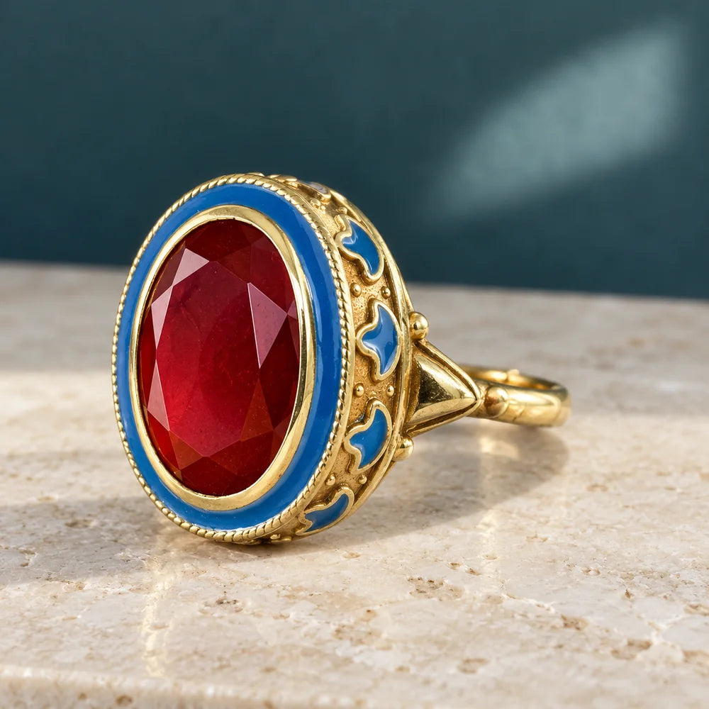 Anello Persia Blu con granato rosso su un piano avorio, con luce ellittica sul fondo.
