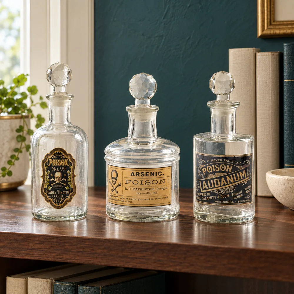 Tre boccette decorative Poison collocate su una mensola in una libreria contemporanea.
