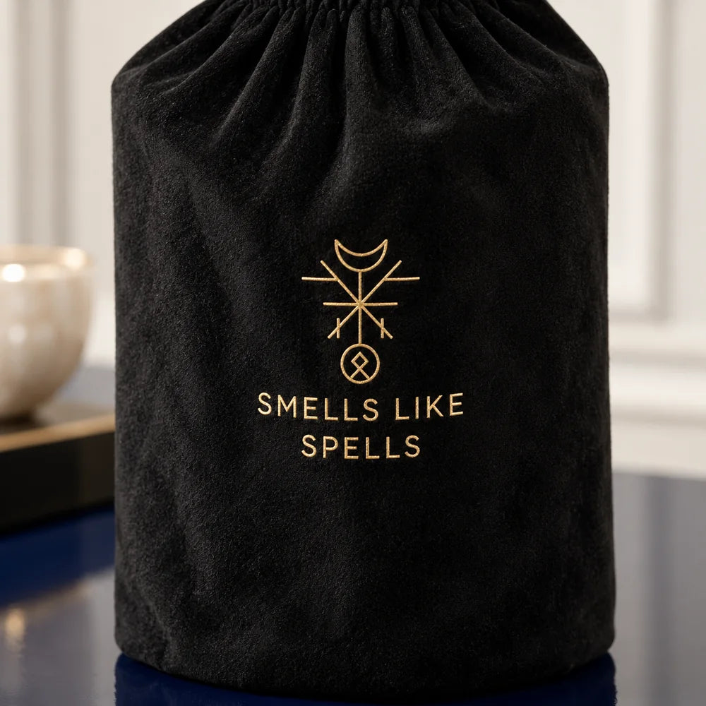 Sacca nera inclusa con simbolo dorato e scritta Smells Like Spells, dettaglio della candela Medio Oriente.