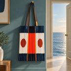 Tote blu scuro e arancio appesa in un interno petrolio, accanto a una porta aperta sul mare.