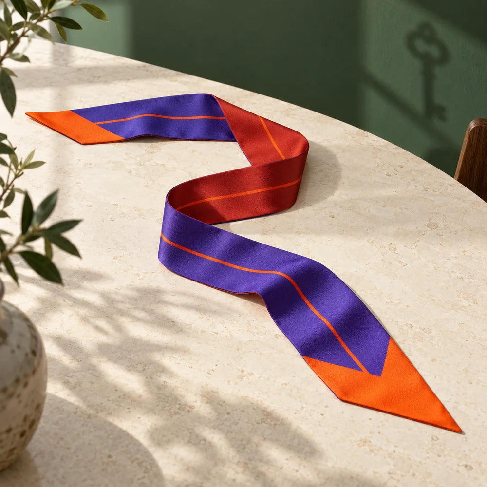 Twilly viola e bordeaux in seta appoggiato a una consolle avorio, con entrambe le facce e le punte arancio visibili.