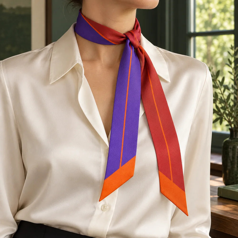 Twilly viola e bordeaux annodato al collo sopra una camicia avorio, con punte arancio.