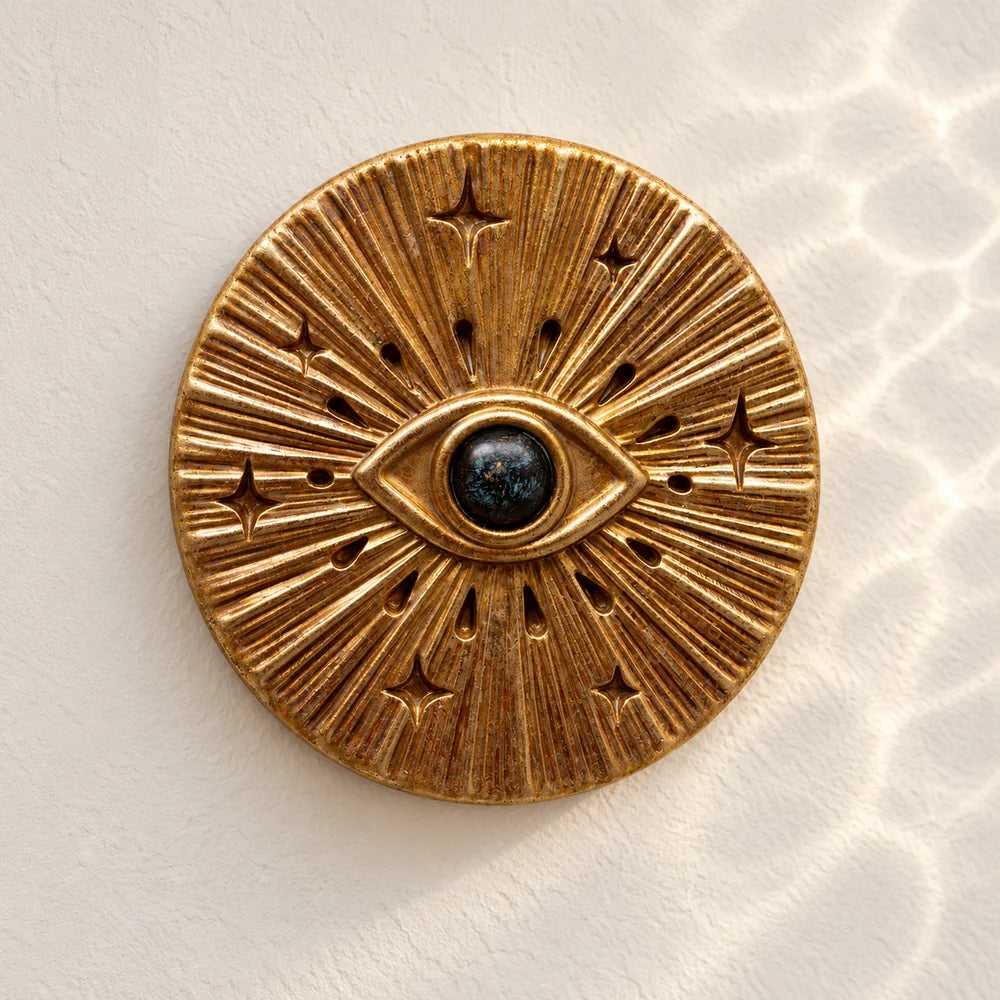Mediterraneo, ex voto rotondo dorato con occhio centrale scuro, su una parete avorio.