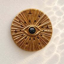 Mediterraneo, ex voto rotondo dorato con occhio centrale scuro, su una parete avorio.