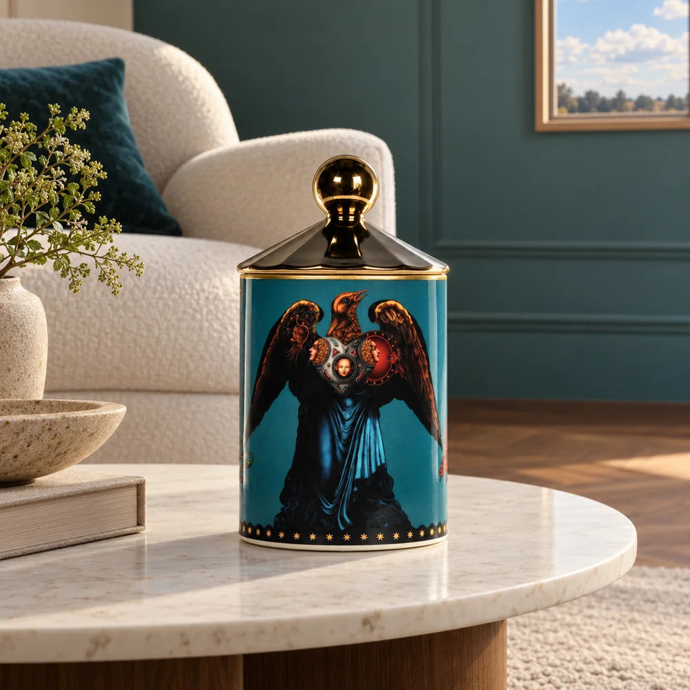 Candela Nord America Blu con il lato decorato dall’aquila, su un tavolino in un salotto avorio e verde petrolio.