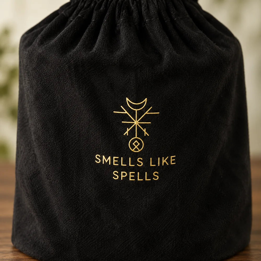 Dettaglio della sacca nera originale con simbolo dorato e scritta Smells Like Spells della candela Estremo Oriente.