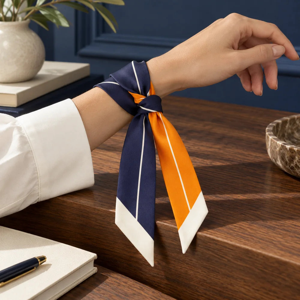 Twilly blu scuro e arancio annodato al polso, con punte diagonali bianche.