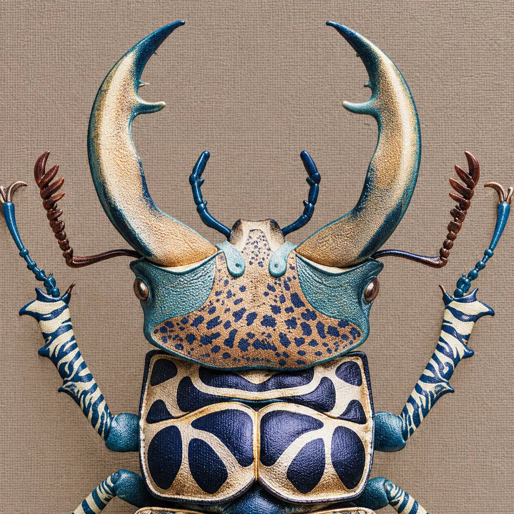 Dettaglio delle mandibole avorio e petrolio e del torace maculato stampati sulla tela Cervo volante.