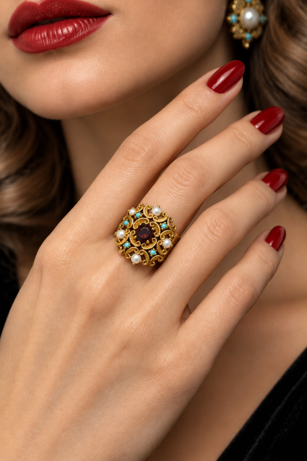 D’Este — anello regolabile con pietre e perle di fiume
