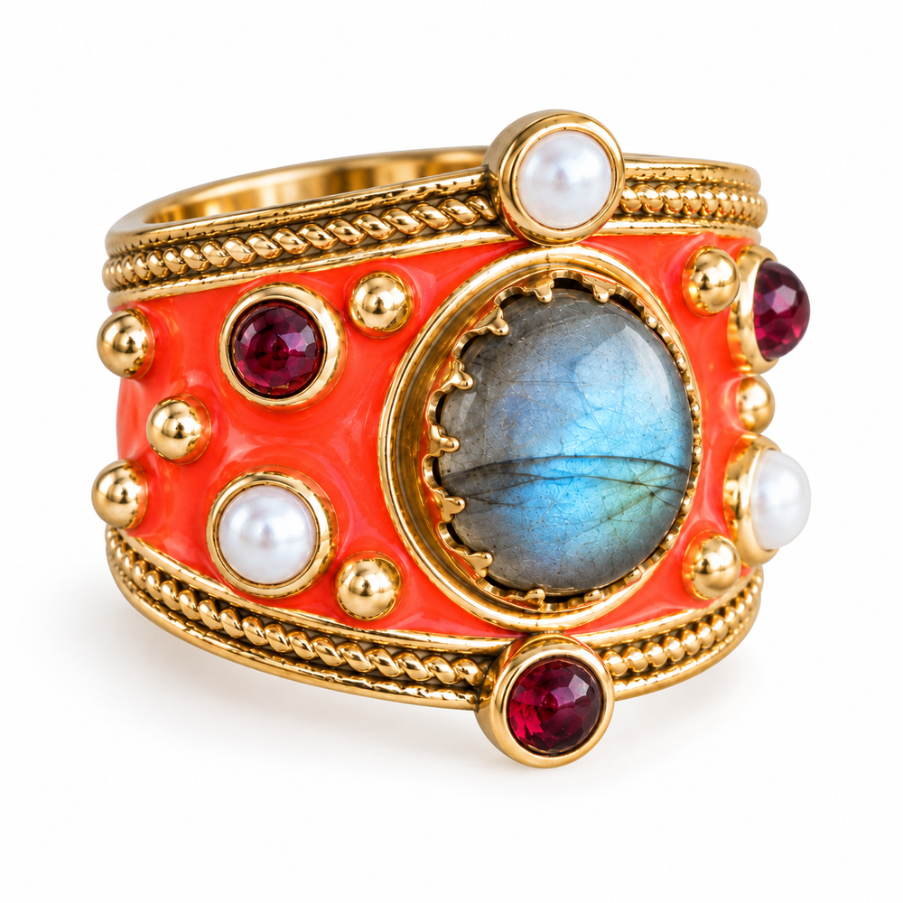 Anello Alhambra con smalto Arancio e Labradorite